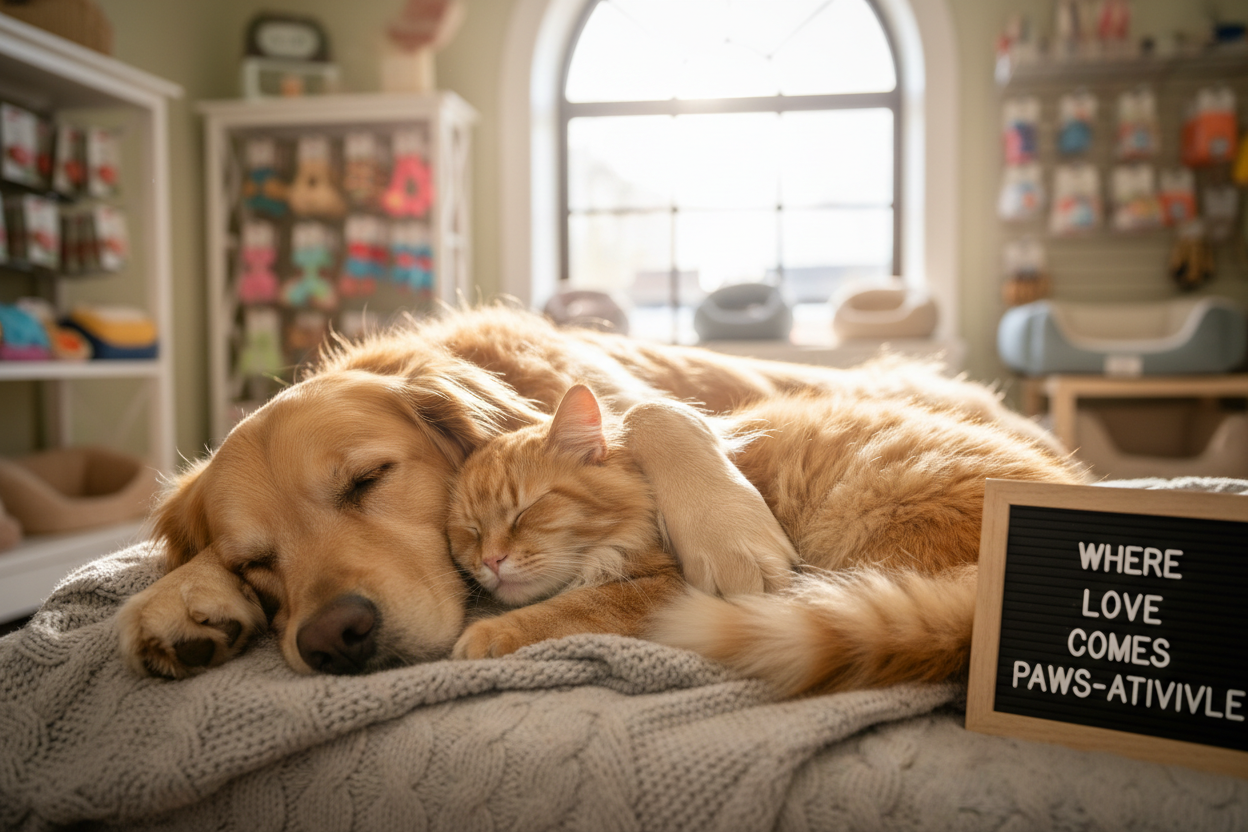 Knuffelende hond en kat
